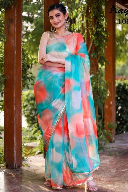 Sequins,lace border,digital print Organza Saree in Multicolor with Blouse