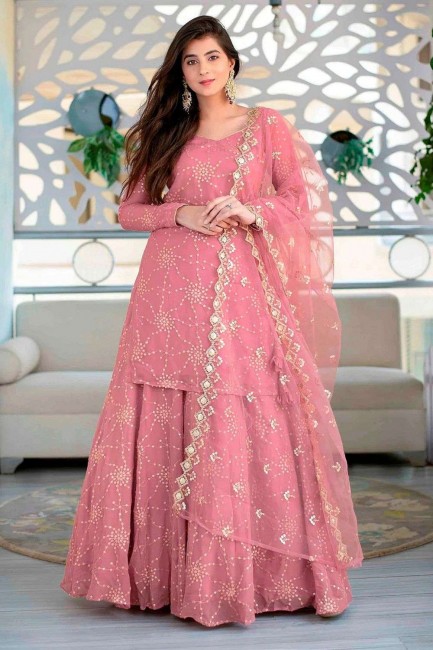 Pink Lehenga Suit in Georgette with Embroidered