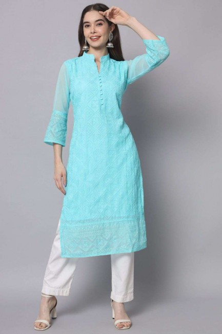 Embroidered Straight Kurti in Sky blue Georgette