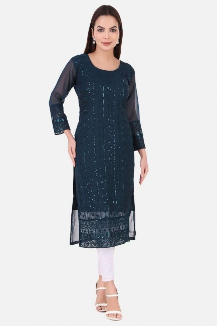 Embroidered Georgette Straight Kurti in Teal