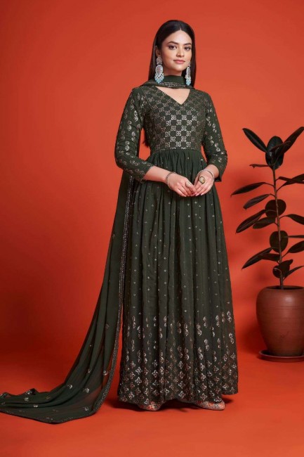 Mehndi Green Georgette Gown Dress with Embroidered