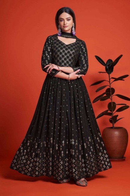 Embroidered Georgette Gown Dress in Black