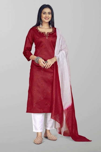 Silk Weaving Red Salwar Kameez with Dupatta