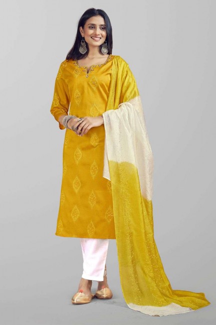 Yellow Salwar Kameez with Weaving Silk