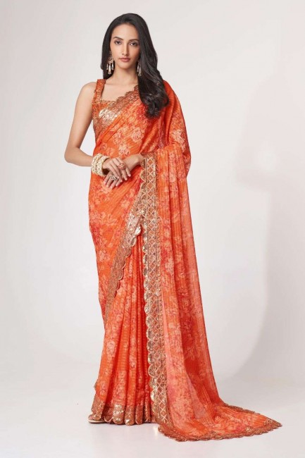 Organza Sequins,embroidered,digital print Orange Saree with Blouse