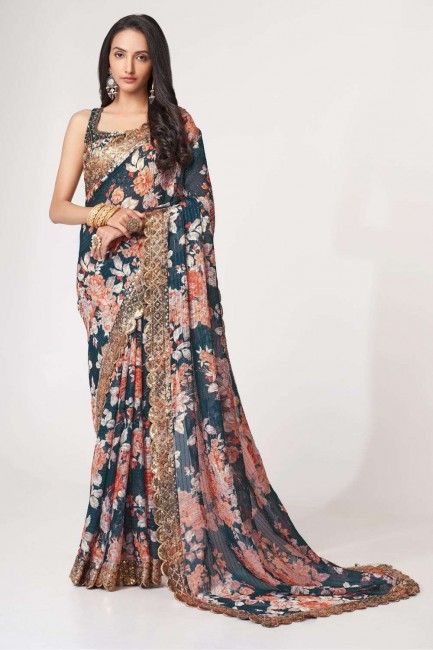 Organza Dove blue  Saree in Sequins,embroidered,digital print