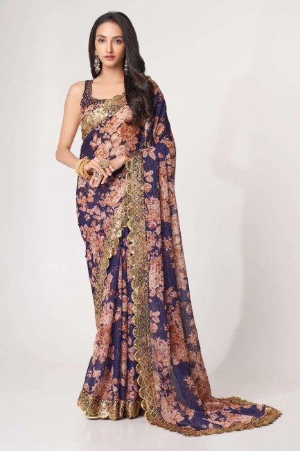 Saree in Purple Organza with Sequins,embroidered,digital print