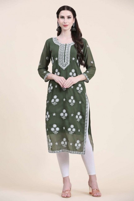 Mehndi  Straight Kurti with Embroidered Georgette