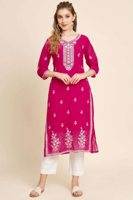 Georgette Straight Kurti in Magenta with Embroidered
