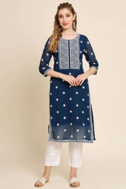 Embroidered Georgette Teal blue Straight Kurti with Dupatta