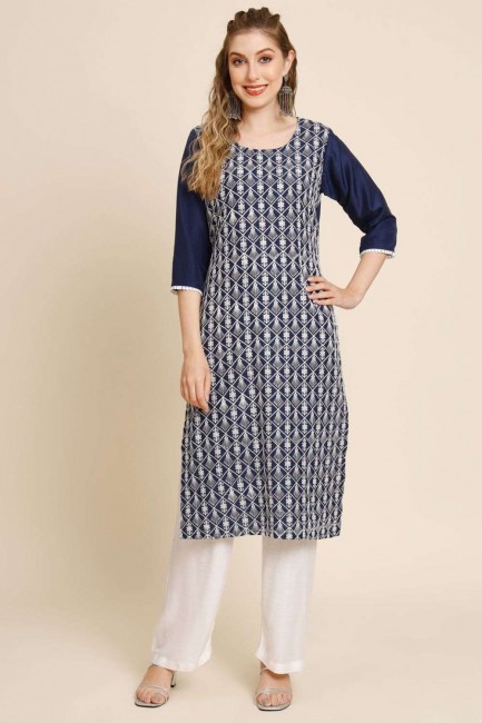 Georgette Navy blue Straight Kurti in Embroidered