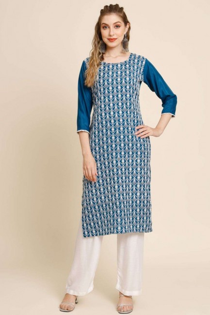 Teal  Straight Kurti in Embroidered Georgette