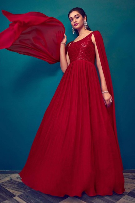 Red Gown Dress with Embroidered Georgette