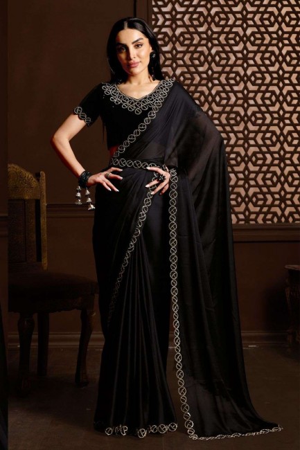 Silk Wedding Saree in Black with Stone