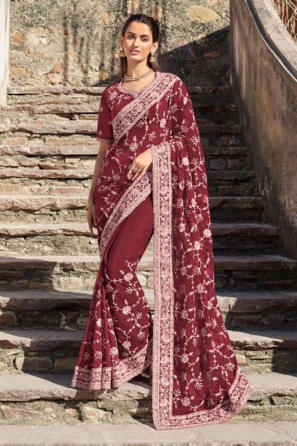 Embroidered Saree in Maroon Shimmer