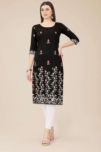 Embroidered Cotton Straight Kurti in Black with Dupatta