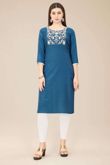 Cotton Straight Kurti in Blue with Embroidered