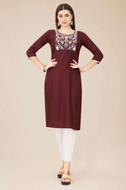 Brown Cotton Embroidered Straight Kurti with Dupatta