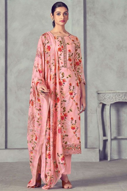 Cotton Salwar Kameez in Pink with Printed