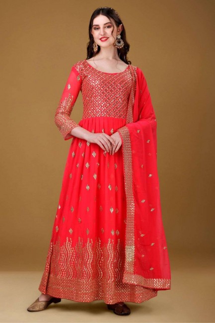 Magenta Gown Dress with Embroidered Georgette