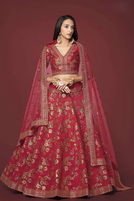 Embroidered Wedding Lehenga Choli in Red Silk