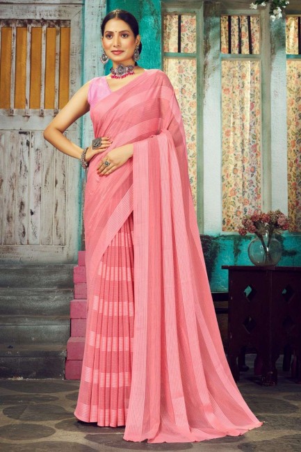 Saree in Pink Satin with Plain