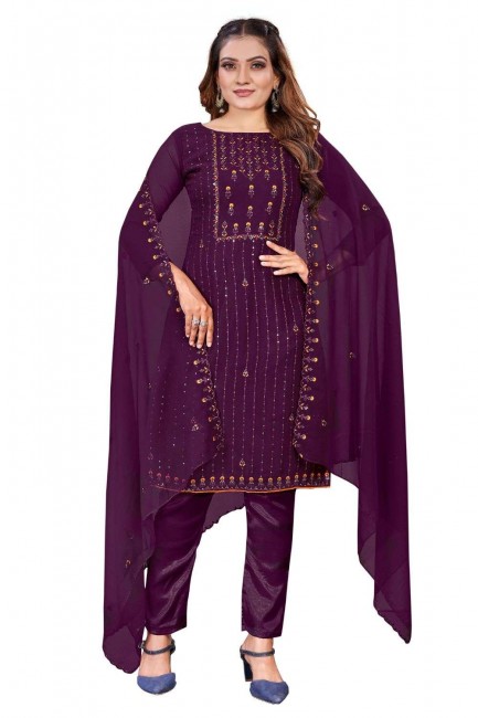 Georgette Salwar Kameez in Purple with Embroidered