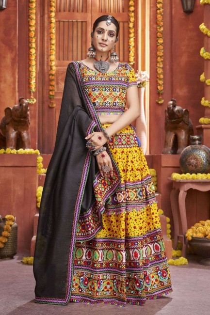 Yellow Navratri Lehenga Choli in Mirror Cotton