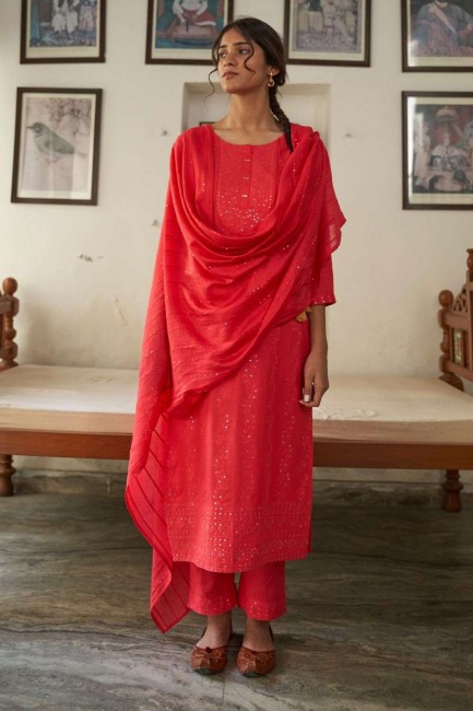 Rayon Red Salwar Kameez in Embroidered