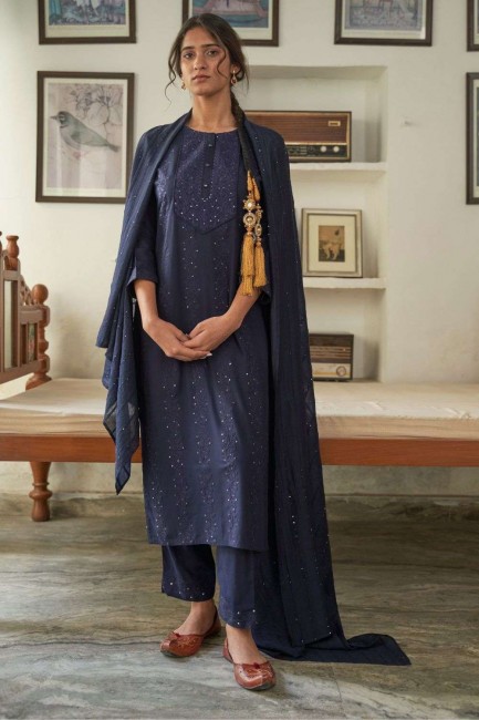 Embroidered Rayon Salwar Kameez in Navy blue with Dupatta