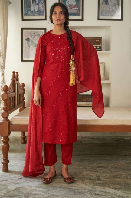 Rayon Salwar Kameez in Maroon with Embroidered