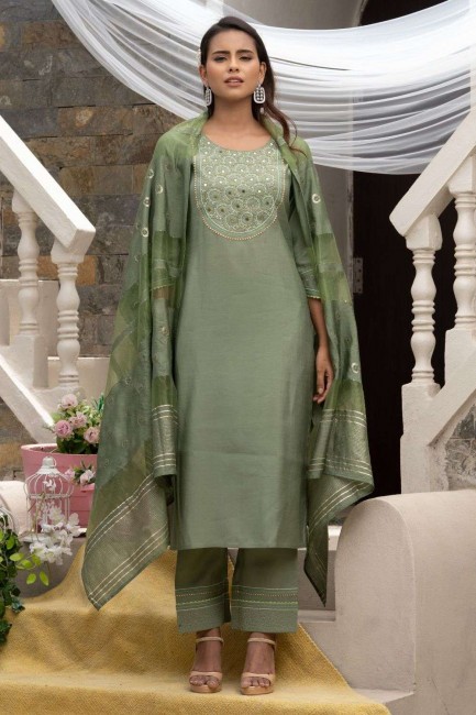 Embroidered Silk Salwar Kameez in Green