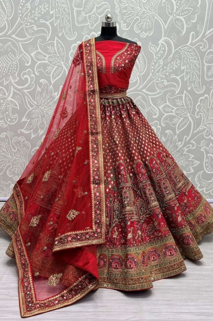 Red Bridal Lehenga Choli with Stone with moti Silk