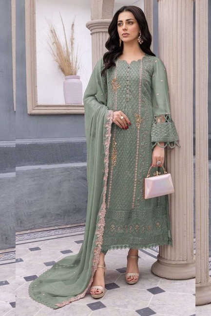 Georgette Pakistani Suit in Sea green with Embroidered