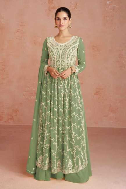 Georgette Anarkali Suit in Mehndi  with Embroidered