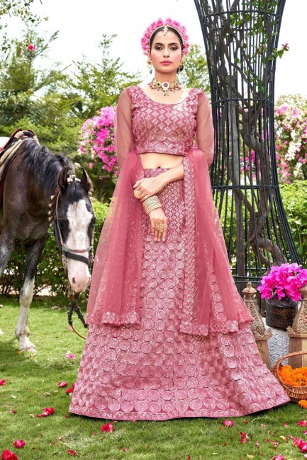 Net Wedding Embroidered Lehenga Choli in Pink with Dupatta