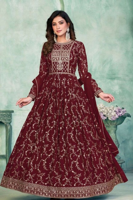 Anarkali Suit in Maroon Georgette with Embroidered