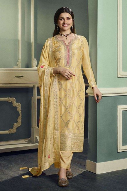 Embroidered Jacquard Palazzo Suit in Yellow with Dupatta