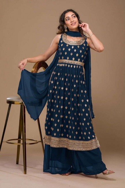 Sharara Suit with Georgette Embroidered in Blue