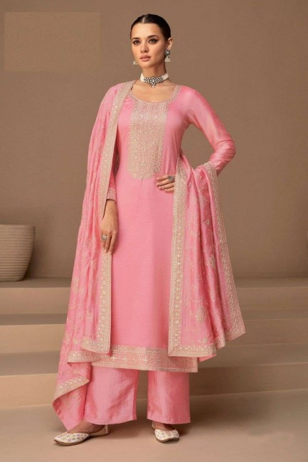 Palazzo Suit in Pink Silk with