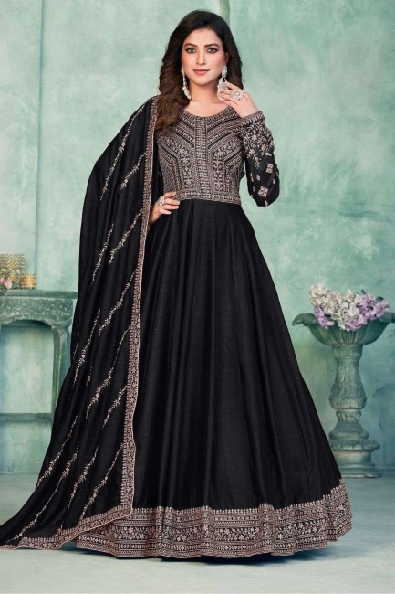 Black Anarkali Suit in Art silk with Embroidered