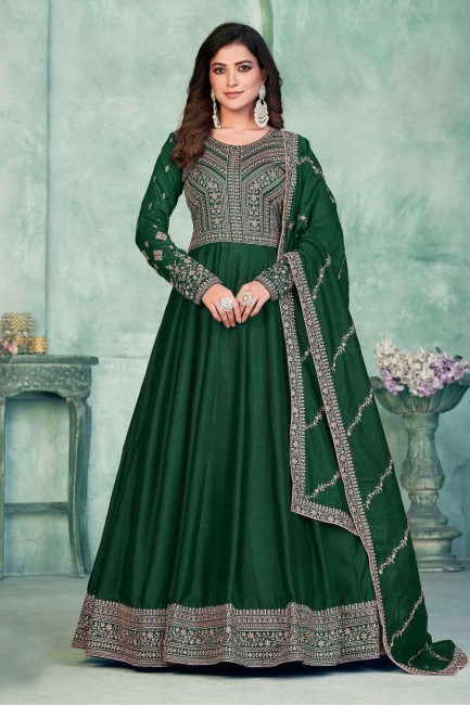Art silk Green Anarkali Suit in Embroidered