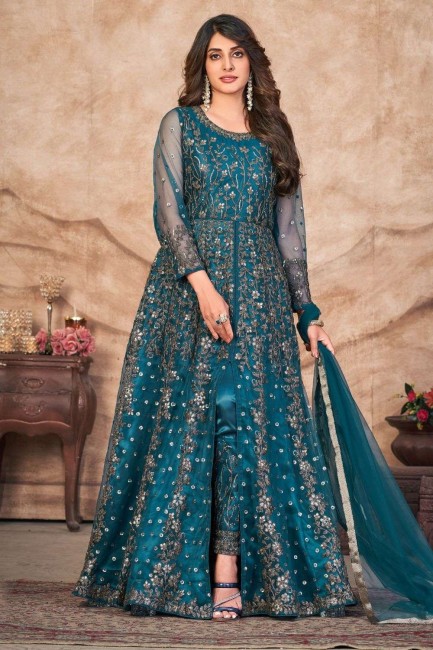 Net Anarkali Suit in Teal  with Embroidered