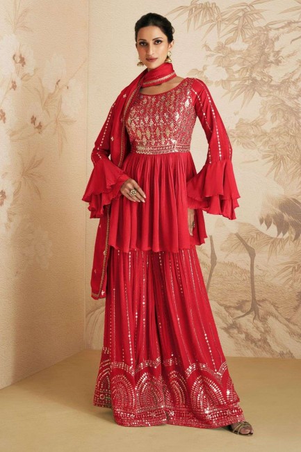 Red Embroidered Chinon chiffon Sharara Suit