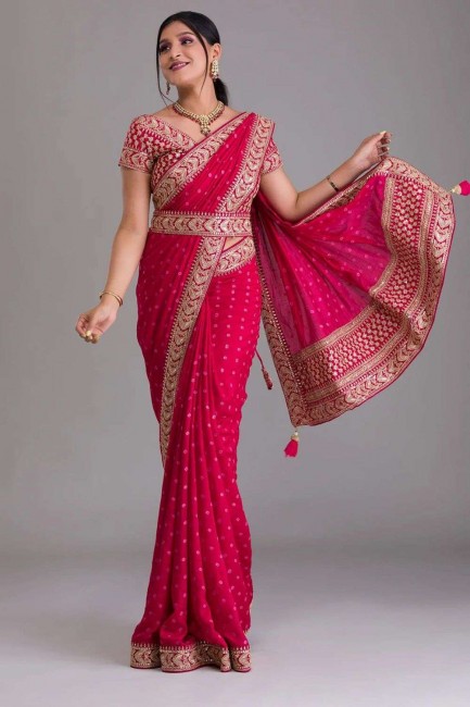 Georgette Sequins Pink Saree with Blouse