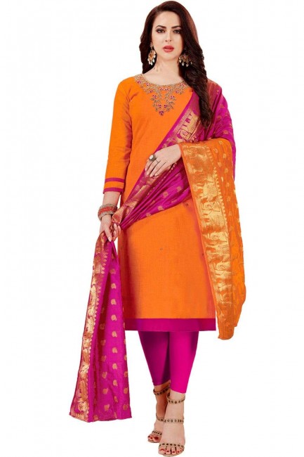 Salwar Kameez in Orange Silk with Embroidered