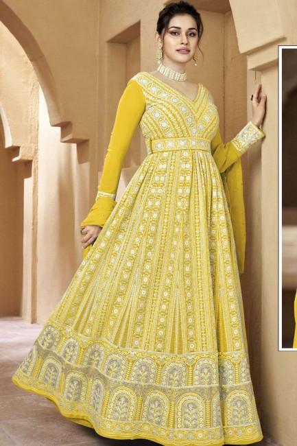 Embroidered Anarkali Suit Yellow  in Georgette