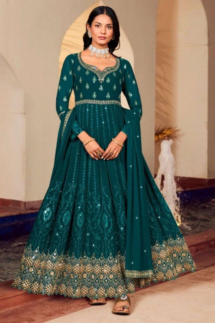 Teal  Embroidered Anarkali Suit in Georgette