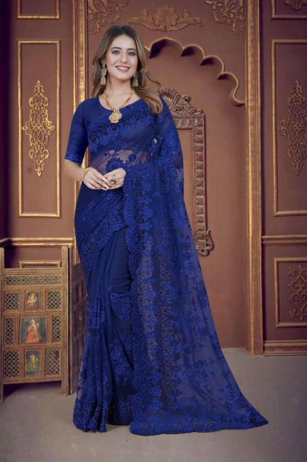 Navy  Saree in Net with Embroidered