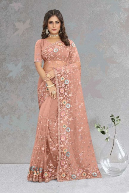 Wedding Saree in Dusty peach  Net with Sequins,embroidered